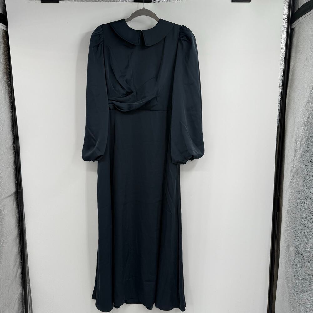 Gemma Albright Satin Puff Sleeve Maxi Dress Womens Medium Navy Blue Collared